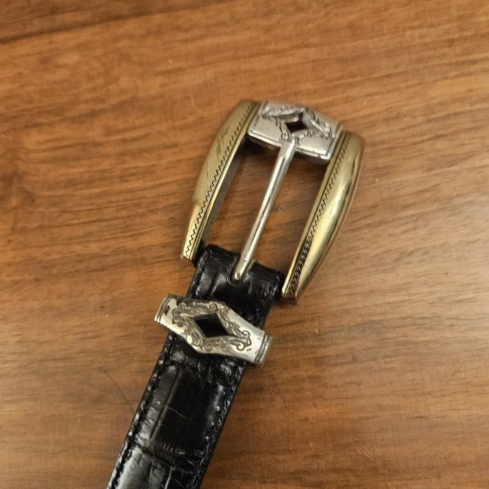 Brighton Black Leather Belt Mixed Metal Goldtone Snd Silvertone Size M/30‎